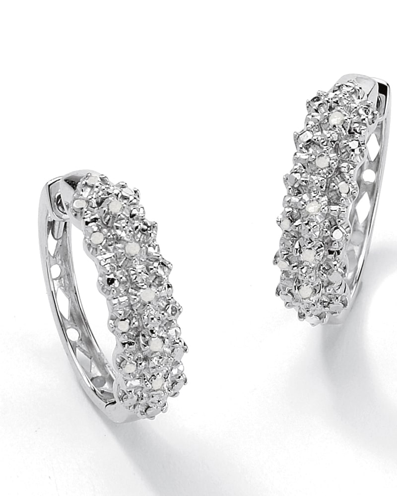 Front of a size One Size 1/10 TCW Ice Diamond Huggie-Hoop Earrings in Platinum-plated Sterling Silver in White by PalmBeach Jewelry. | dia_product_style_image_id:286513